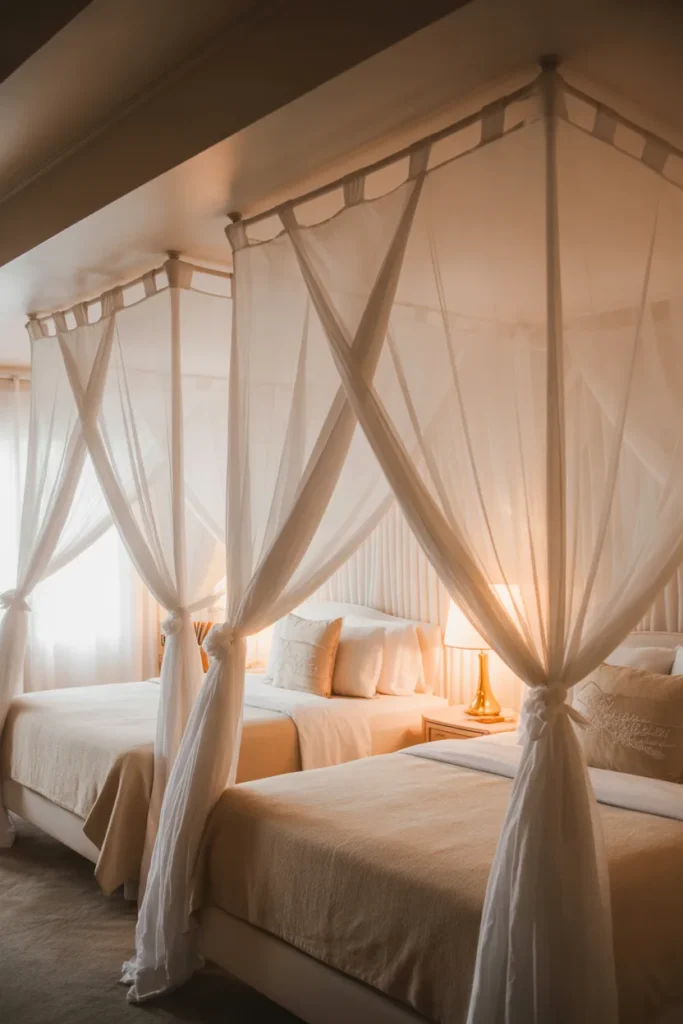 Soft white sheer canopy fabric draped from ceiling above twin beds creating a dreamy romantic bedroom atmosphere