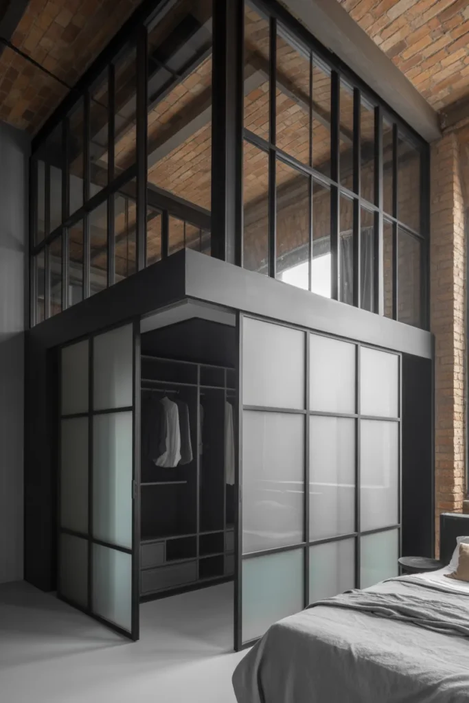 A modern industrial-style loft bedroom with high ceilings and exposed brick. A sleek black metal and glass partition wall separates the sleeping area from a walk-in closet or ensuite bathroom. The glass is slightly frosted for privacy. Soft diffused light, monochrome color palette, minimalist bed with grey linens. Professional architectural shot, cool and edgy vibe.
