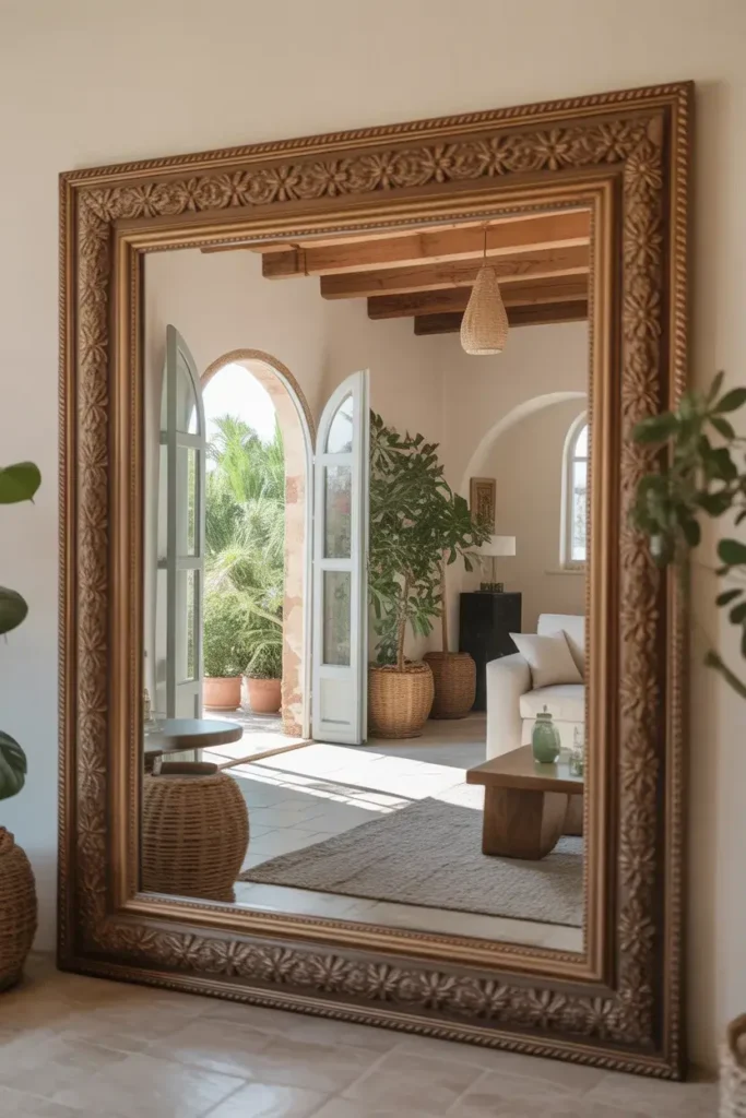 large, statement mirror with an ornate frame, reflecting natural light and opening up the space of a Mediterranean living room.