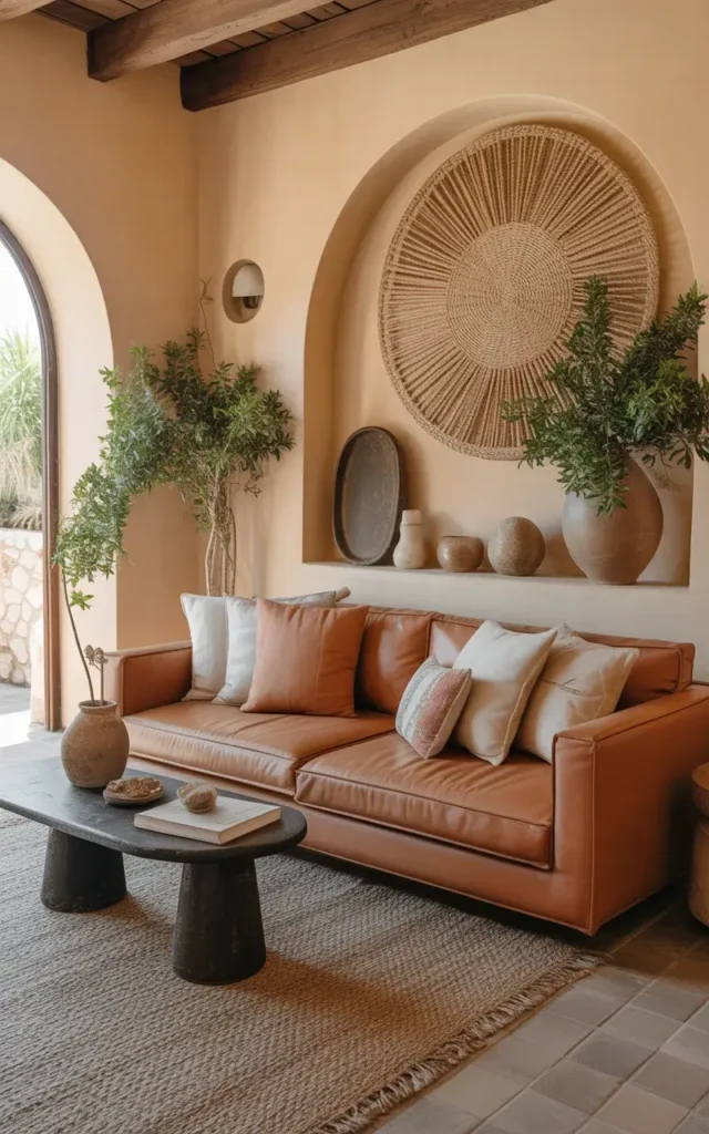 A statement Mediterranean sofa in earthy tones, such as terracotta or olive green, paired with textured cushions and neutral-toned accent pieces.