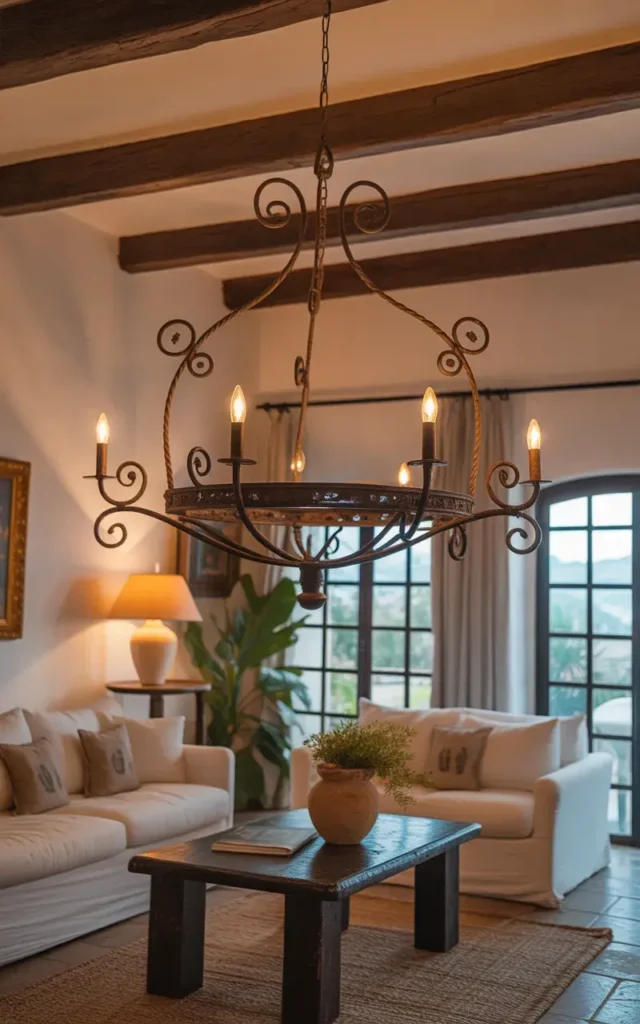A wrought-iron chandelier or pendant light hanging from the ceiling, casting a warm glow over a Mediterranean living room. The lighting fixture adds rustic charm and elegance.