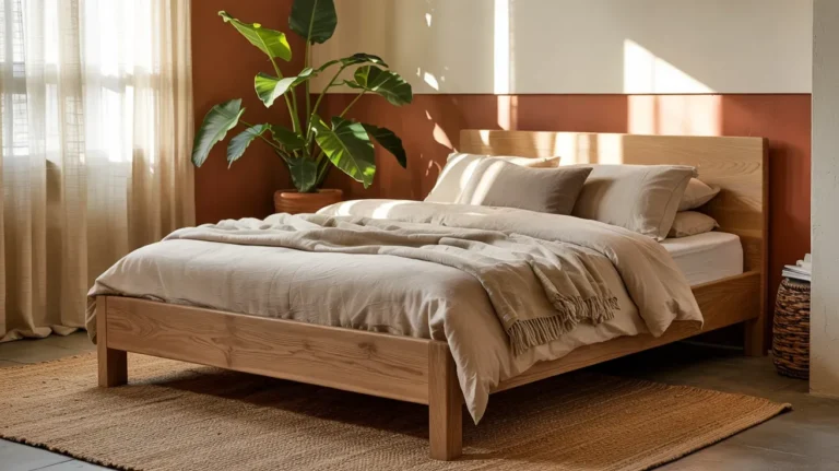 Bright summer bedroom with white linen bedding, sheer curtains, light wood furniture, woven decor, and cheerful seasonal accents.