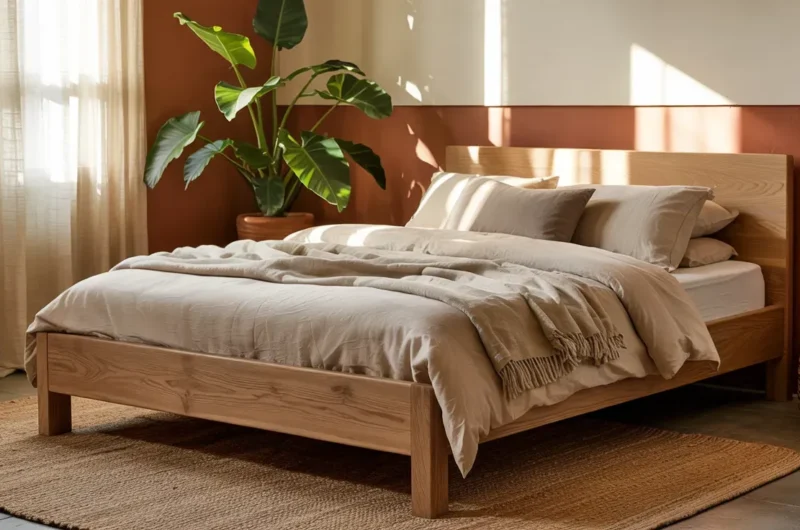 Bright summer bedroom with white linen bedding, sheer curtains, light wood furniture, woven decor, and cheerful seasonal accents.