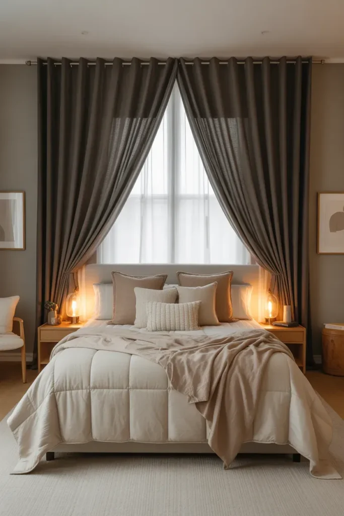 Bright summer bedroom  ideas with sheer white curtains hanging from a wide brass rod, soft morning sunlight pouring through tall windows, white bedding, pale oak nightstands, woven basket, light beige rug, clean white walls, airy layout, minimal decor, calm coastal mood, eye-level view from the foot of the bed.