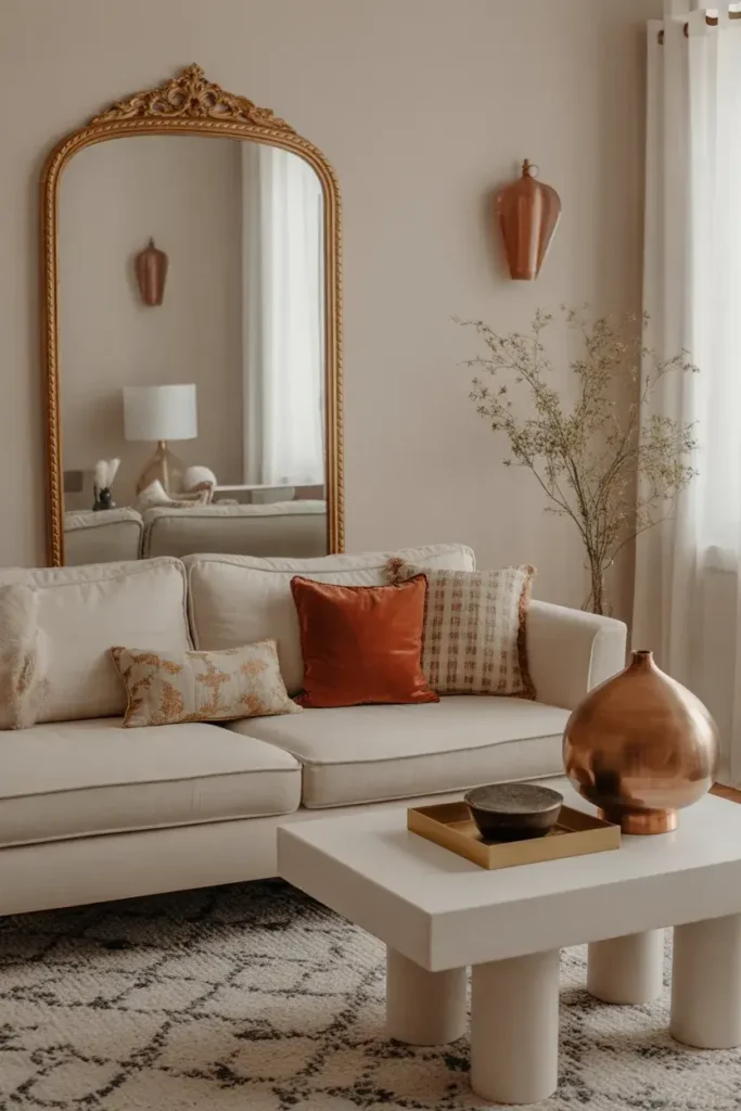A Mediterranean living room with small touches of gold or copper, such as a gold-framed mirror, copper light fixtures, or metallic vases.