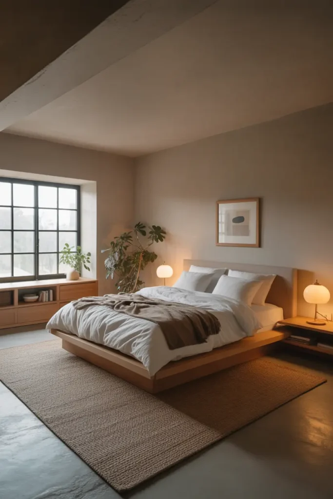 A basement bedroom with a low-profile bed and minimalist furniture, emphasizing high ceilings.