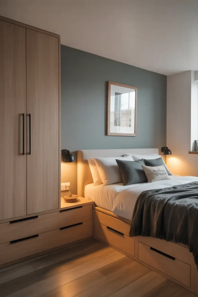 A basement bedroom with a wall-mounted wardrobe and hidden drawers under the bed.