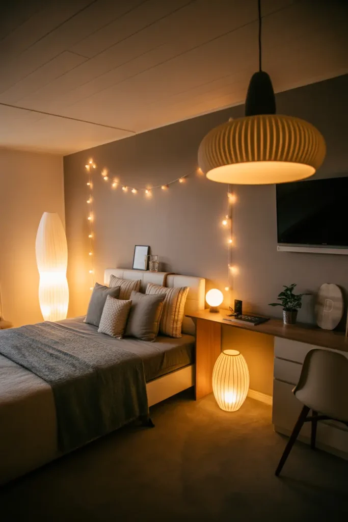 A basement bedroom with soft ambient lighting, including string lights, floor lamps, and pendant lights.