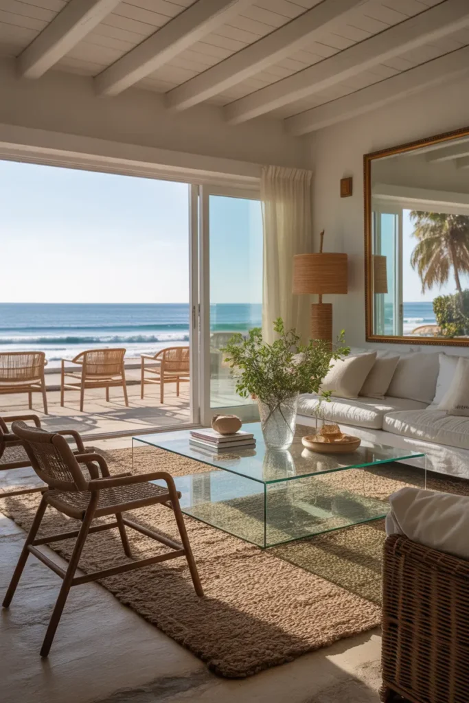 Mirrors and glass furniture reflecting natural light in a beach house living room.
