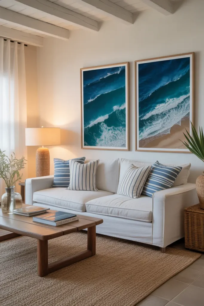 Coastal artwork on the wall in a beach house living room.