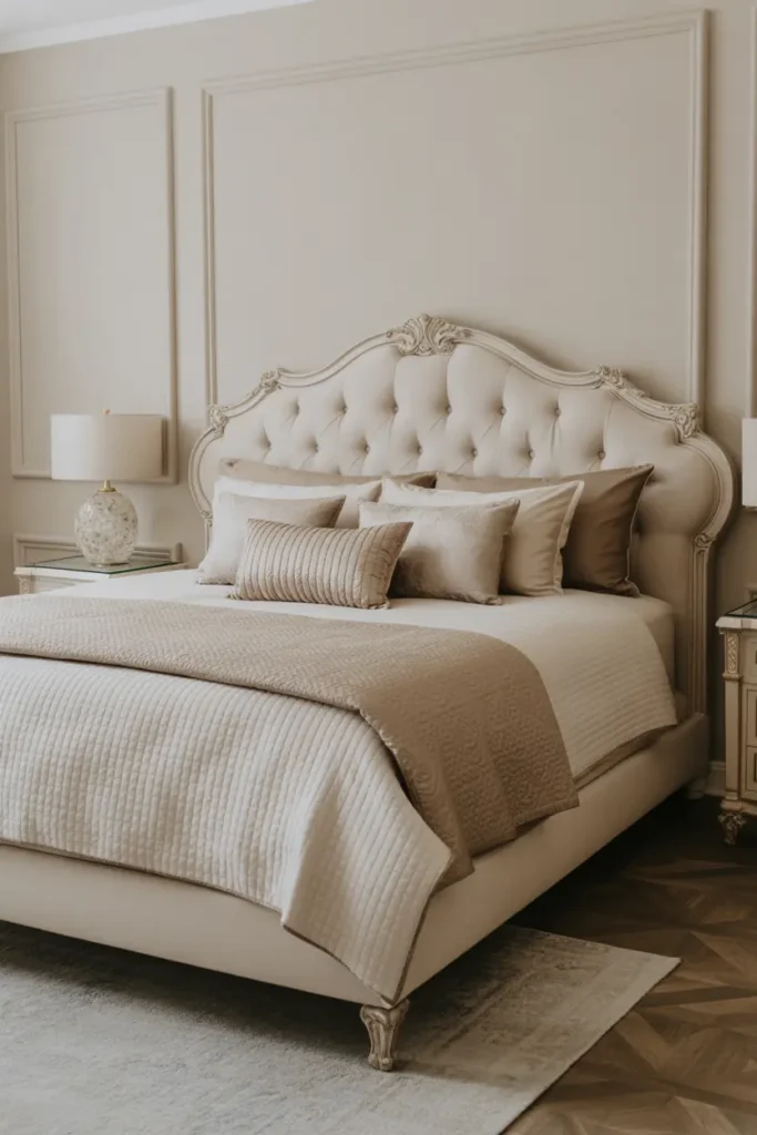 A beautiful statement bed frame with an upholstered headboard and luxurious bedding in a master bedroom.