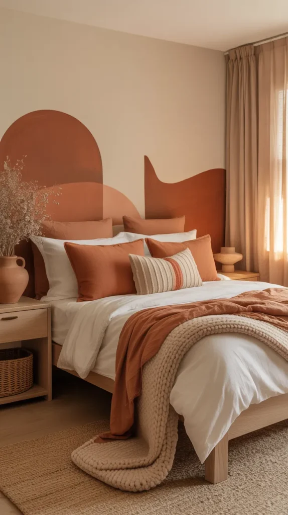 Fresh bedroom with white walls, light oak bed, crisp cream bedding, lemon and coral accent pillows, small peach throw, citrus-toned wall art, glass vase with orange stems, sunny natural light, clean summer styling, soft woven rug, balanced layout, cheerful modern aesthetic, eye-level view facing the bed.