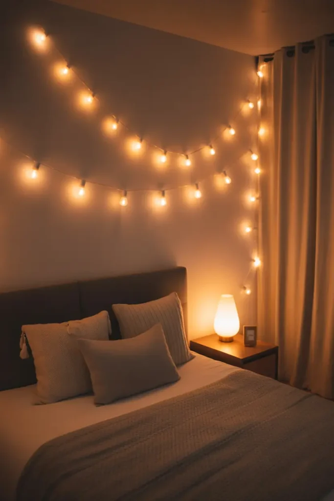 A bedroom meditation corner with warm string lights and a small lamp creating a cozy, calming ambiance.