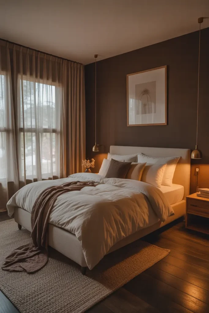 A bedroom with dark chocolate walls and sheer curtains creates a romantic, dreamy, and soft ambiance for couples.