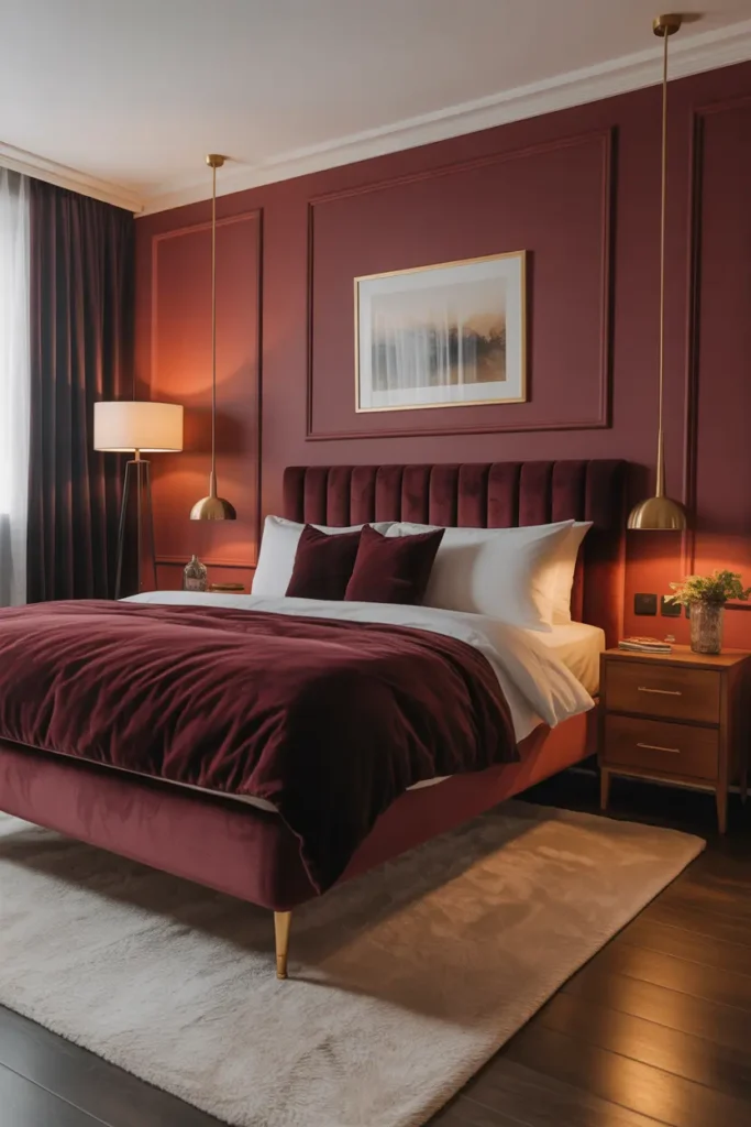 A bedroom with deep burgundy walls, plush velvet bedding, and gold-accented lighting sets the stage for a warm, intimate retreat perfect for couples.