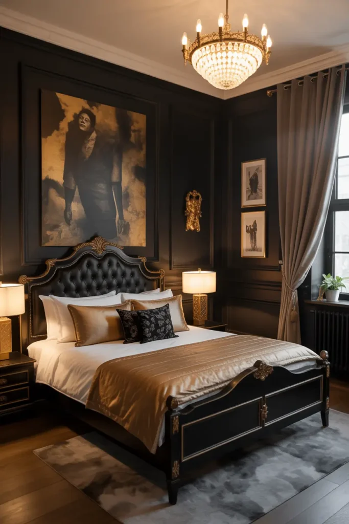 A black and gold bedroom combines luxury and romance, offering couples a dramatic and intimate retreat.