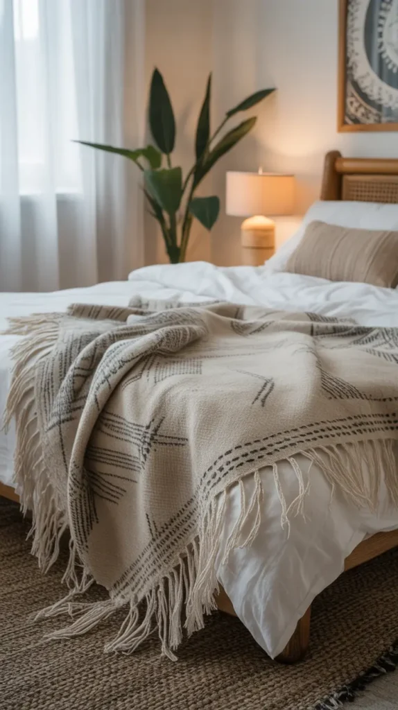 A boho-style blanket with fringe draped across a bed, adding texture and comfort.