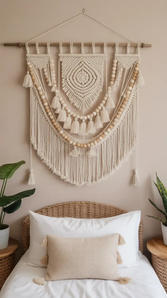 A Boho wall decor hanging adorned with beads and tassels adds intricate texture, warmth, and a free-spirited touch to the bedroom.