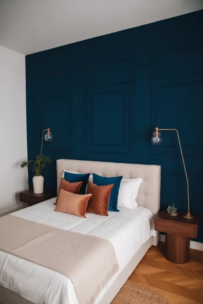 A bold accent wall painted in a deep navy color with minimal furniture, creating a dramatic focal point in a master bedroom