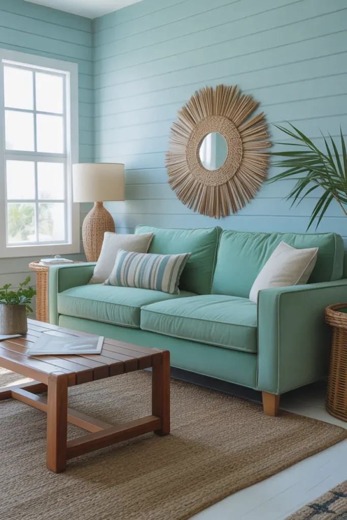 A bright teal green couch placed in a coastal living room with light blue walls and natural fiber rugs.