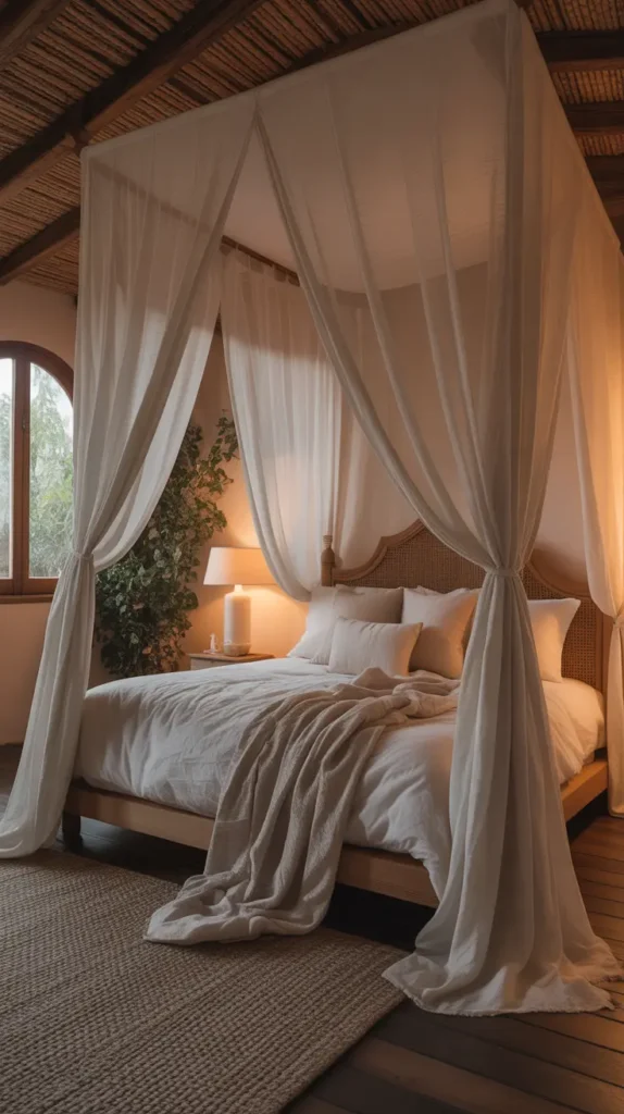 A canopy bed with light, flowing fabric draped from the ceiling, creating a fairy-like atmosphere.