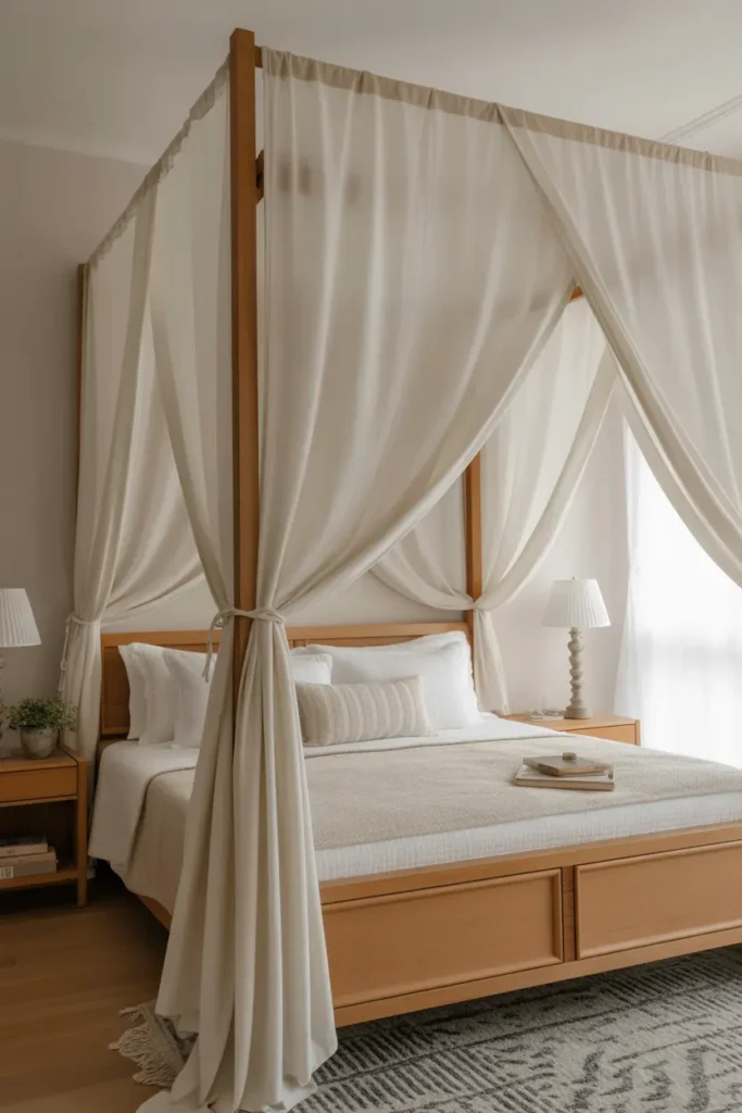 A canopy bed with soft, flowing fabric creating an elegant, dreamy look.