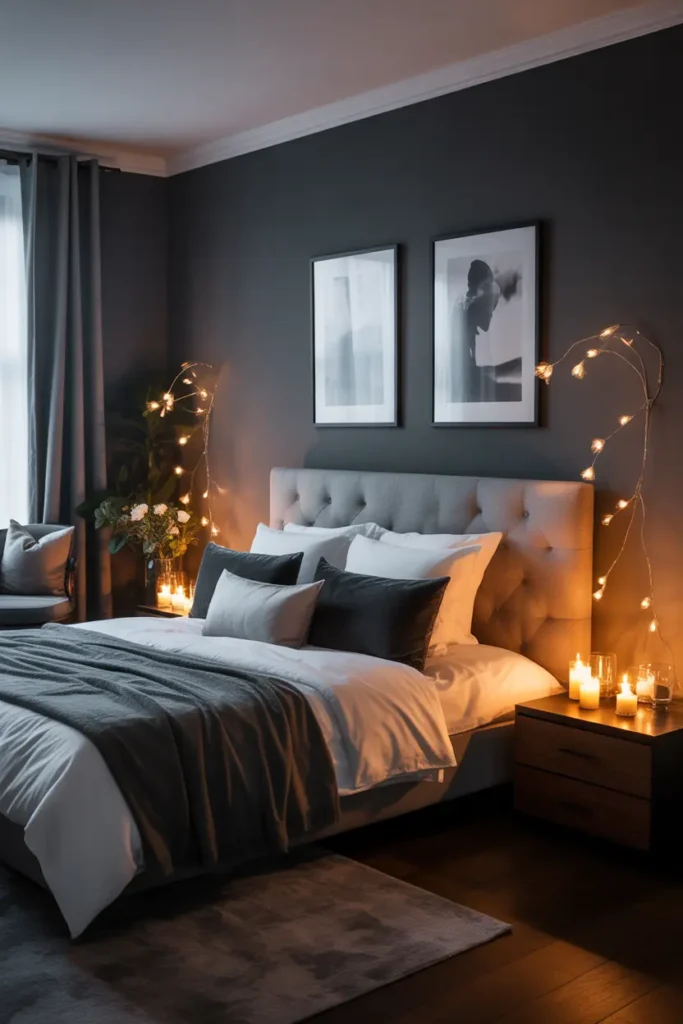 A charcoal gray bedroom illuminated by soft candlelight creates a sultry, romantic vibe, ideal for a couple’s intimate retreat.

