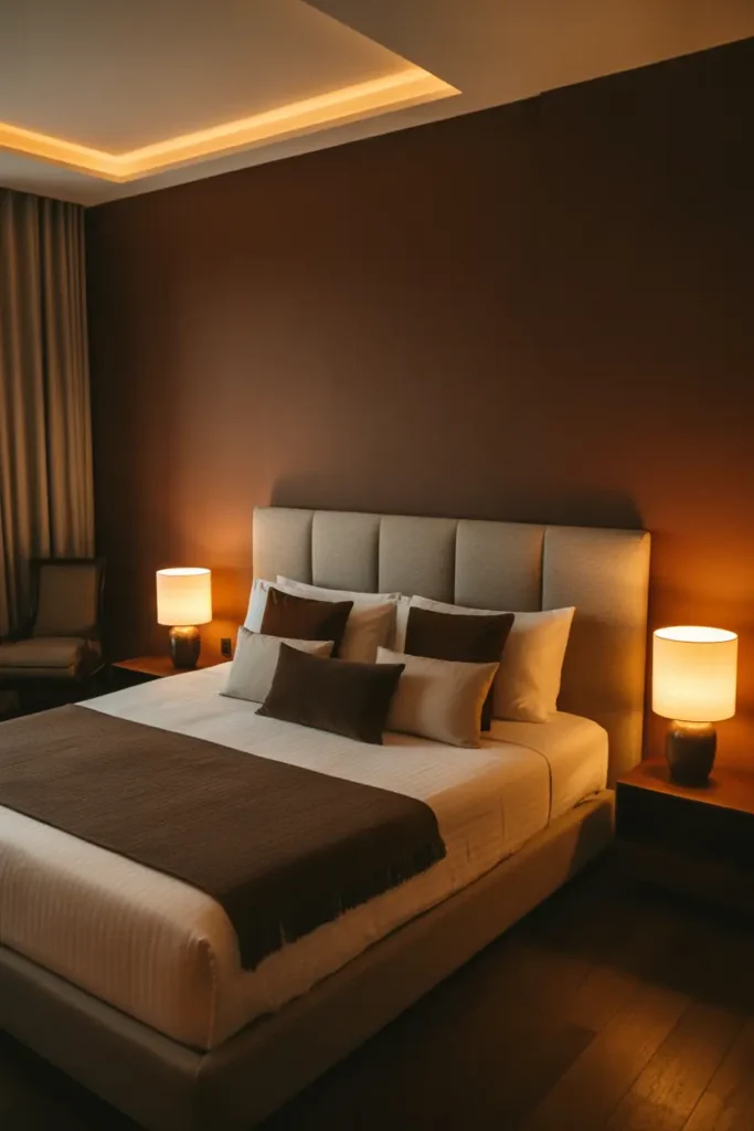 A chocolate brown bedroom with warm ambient lighting provides a cozy, romantic space for couples to unwind and reconnect.