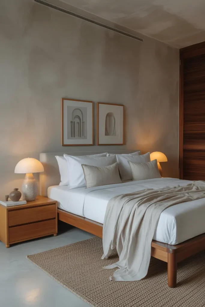 A clean-lined, minimalist bedroom with neutral tones and sleek wooden furniture