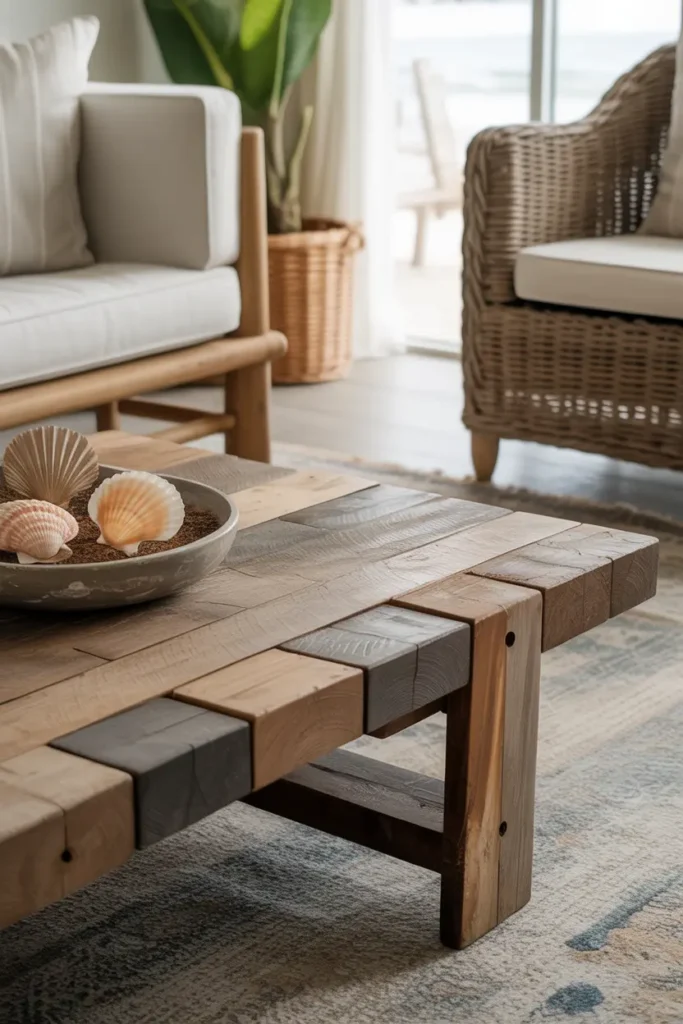 Reclaimed wood coffee table with seashell decor and wicker chair in a coastal living room.