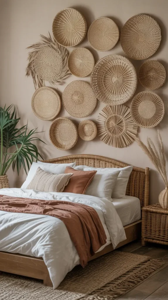 A collection of woven baskets displayed on a wall creates a layered Boho aesthetic. Natural fibers, earthy tones, and textures evoke a warm and free-spirited bedroom atmosphere.