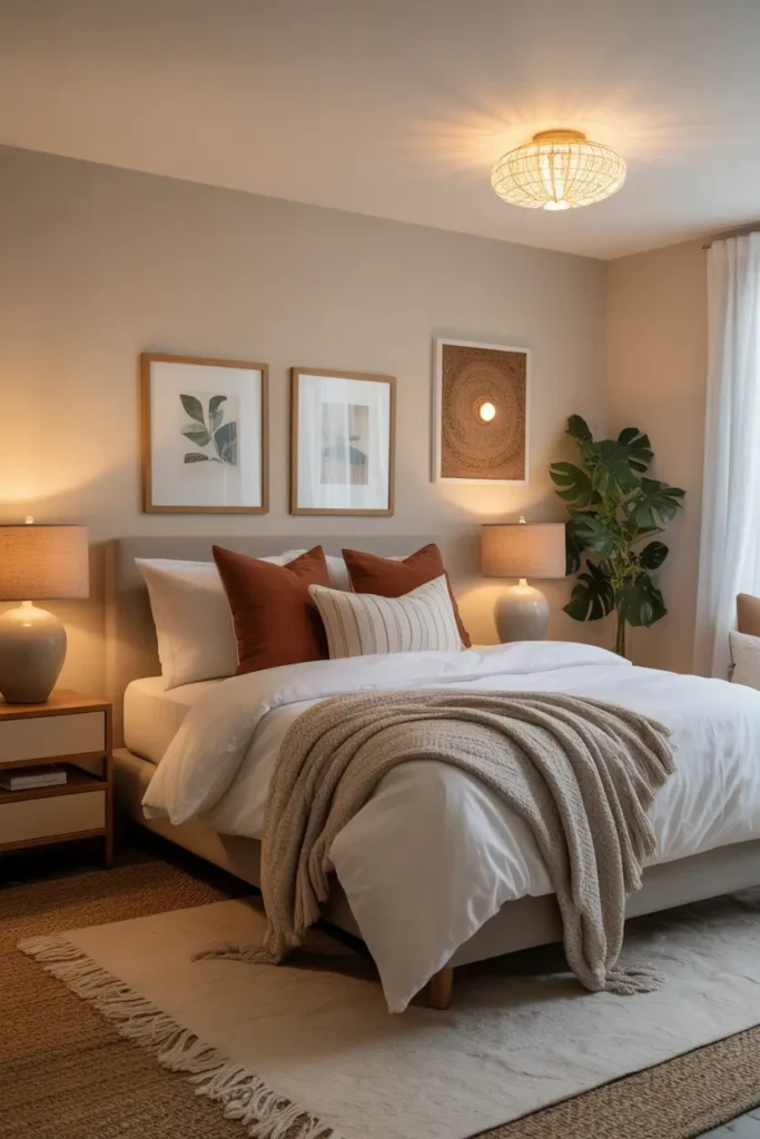 A cozy basement bedroom with soft lighting, plush bedding, and a warm, inviting atmosphere.