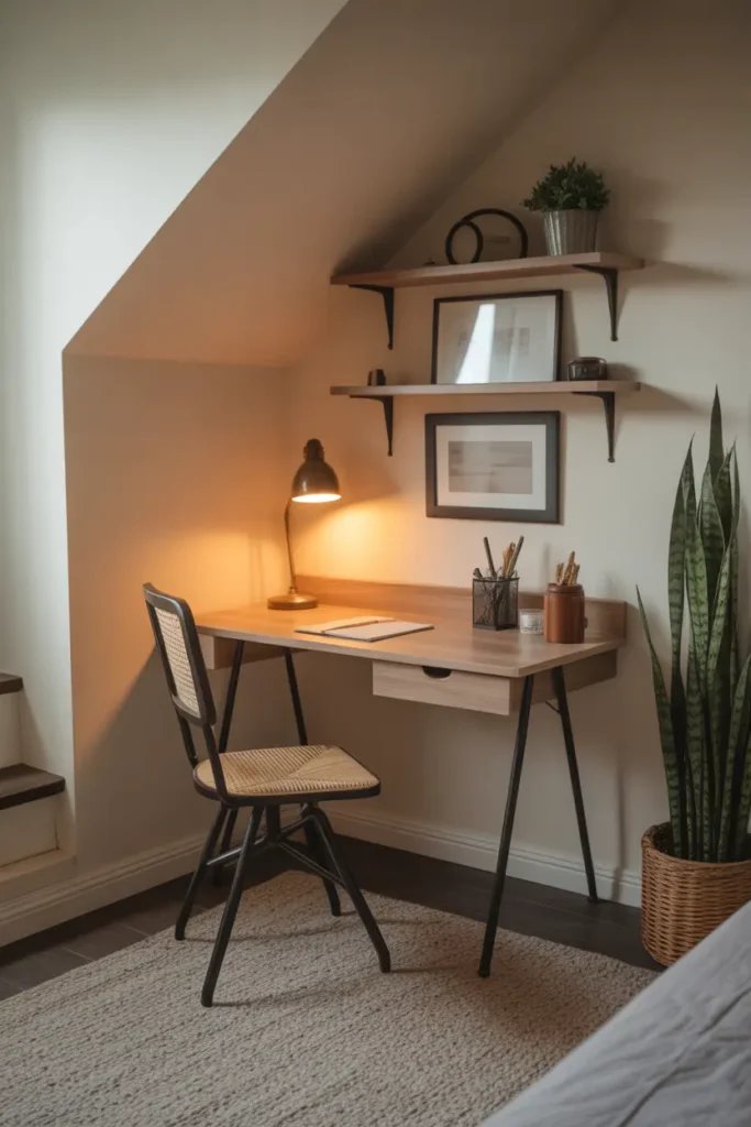  A compact desk with a chair tucked into the corner of a basement bedroom.