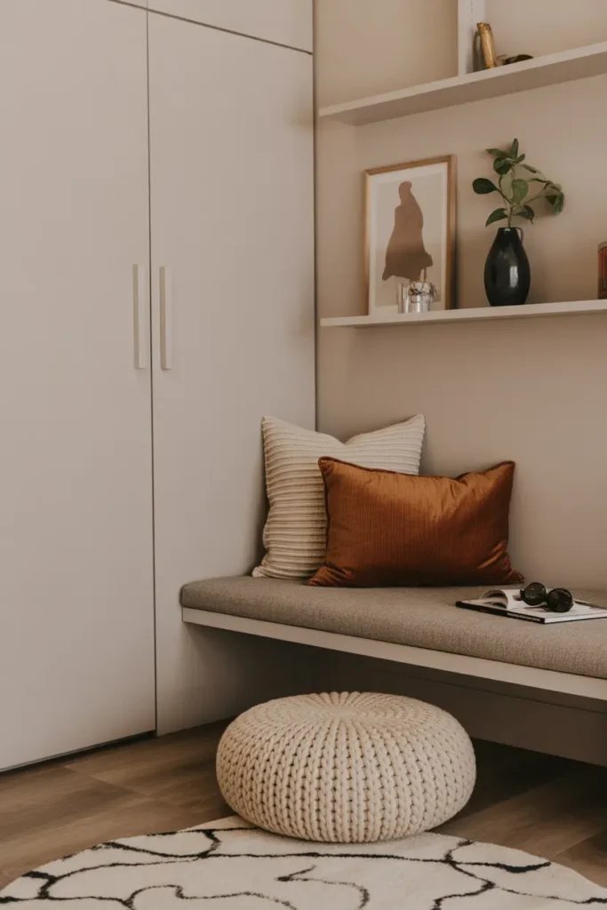 A corner with a low bench, floor cushion, and small shelf, keeping the space minimal and clutter-free.