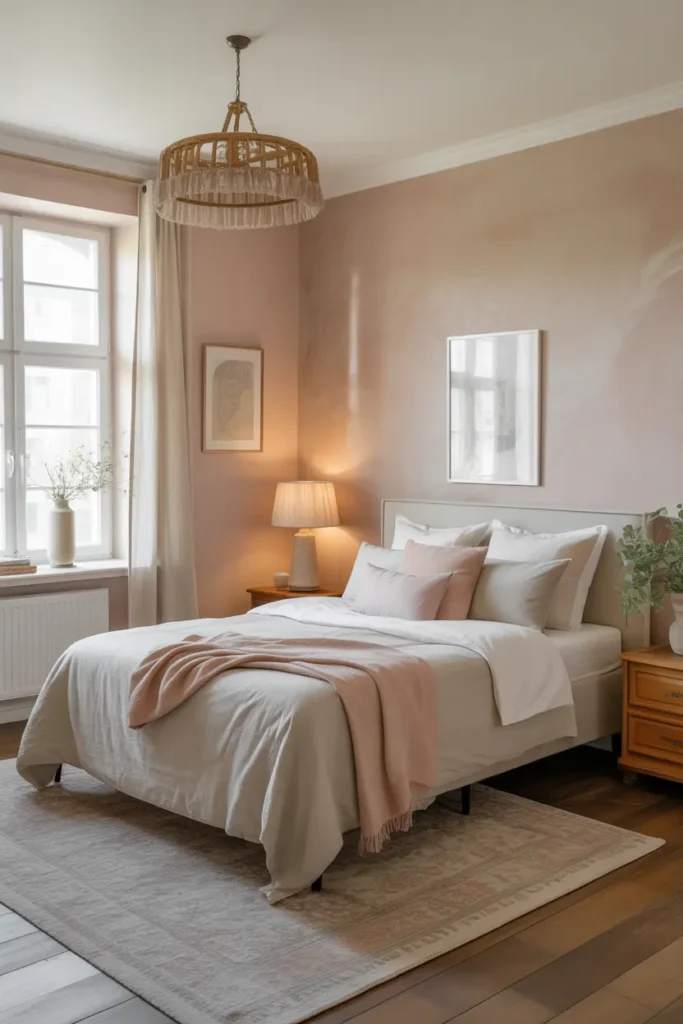 A cottagecore bedroom with soft beige and pastel walls, creating a peaceful, serene vibe.