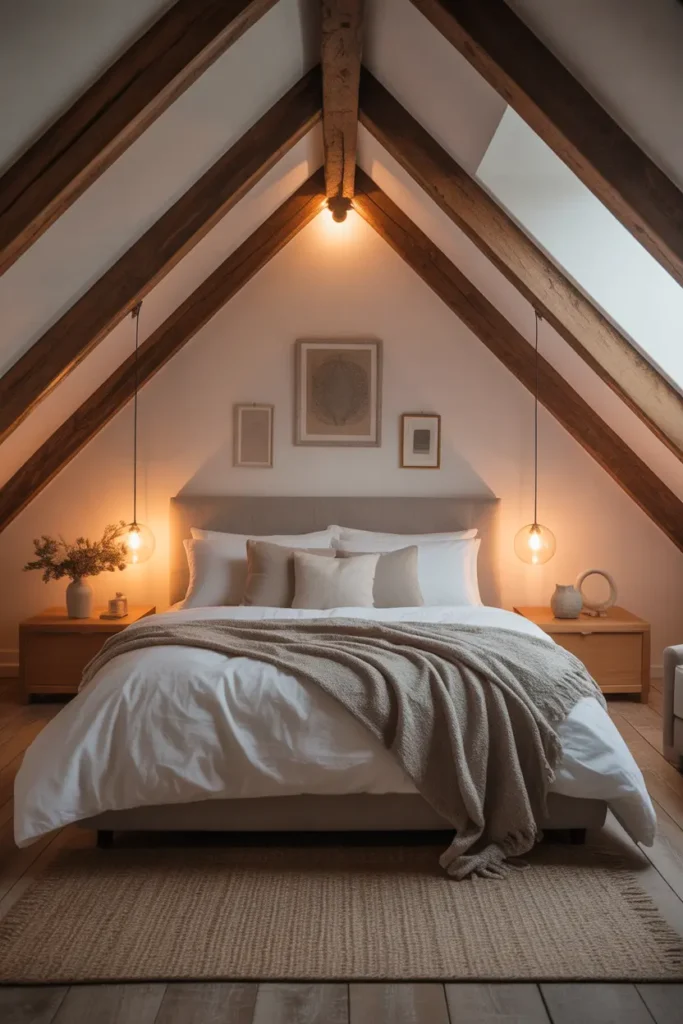  A cozy attic bedroom with sloped ceilings, wooden beams, soft bedding, and warm ambient lighting creating a charming space.