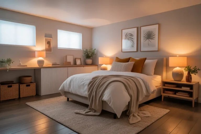 "Cozy basement bedroom with soft lighting, neutral tones, and functional furniture maximizing space.