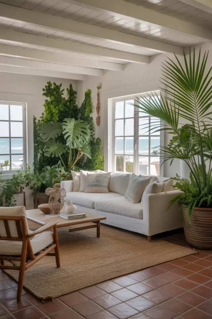 Indoor plants like palms and ferns adding natural beauty to a coastal living room.