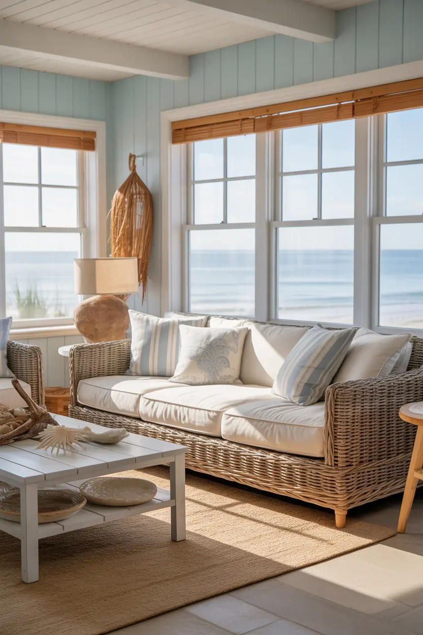Beach house living room with coastal decor, soft blue walls, wooden furniture, and ocean view.