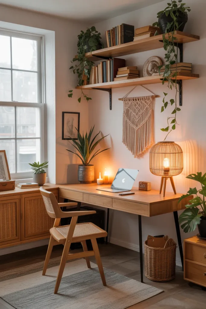  Light bedroom corner with a floating corner shelf holding a small plant, framed art, candle, and book, white walls, pale wood bed frame, beige bedding, warm natural light, minimal decor, clean airy layout, modern cottage style, eye-level corner perspective, soft shadows, uncluttered styling.