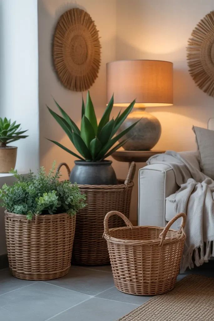 Cozy corner of a Mediterranean living room with woven baskets on the floor, holding plants or extra blankets, adding texture and rustic charm to the space.