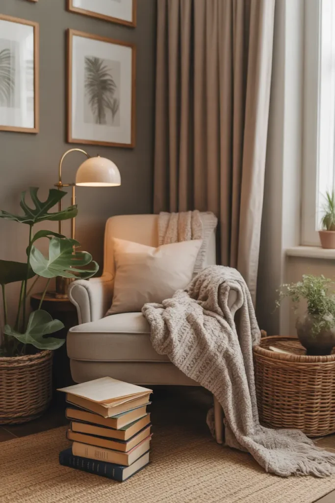 A cozy corner with an armchair, soft pillows, and a stack of books.