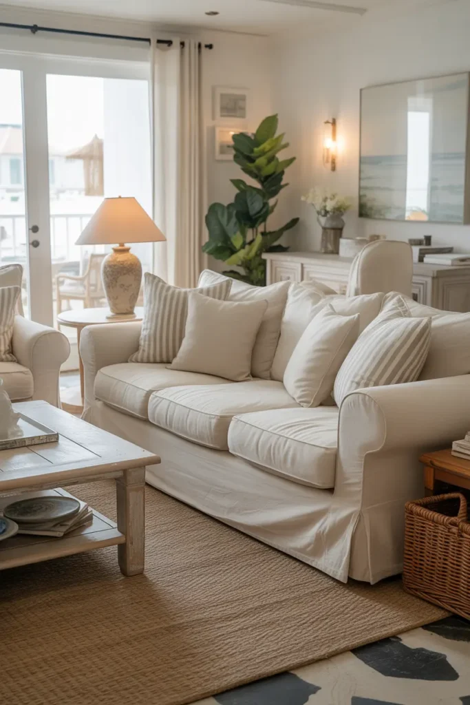 Slipcovered sofas and soft cushions in a beach house living room with a cozy and casual coastal vibe.