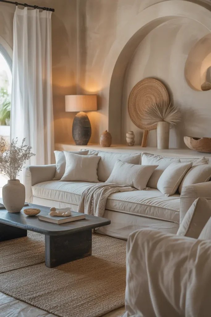 Cozy Mediterranean living room with neutral-colored walls, soft beige furniture, light gray accents, natural wood touches, and soft textures, creating a serene and calm atmosphere.