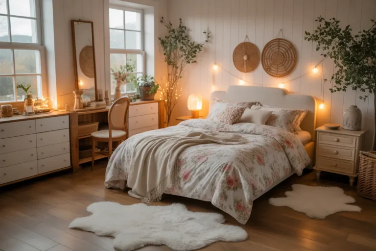 Cozy cottagecore bedroom with vintage furniture, soft floral bedding, natural wood accents, and warm string lights creating a nature-inspired, rustic vibe.