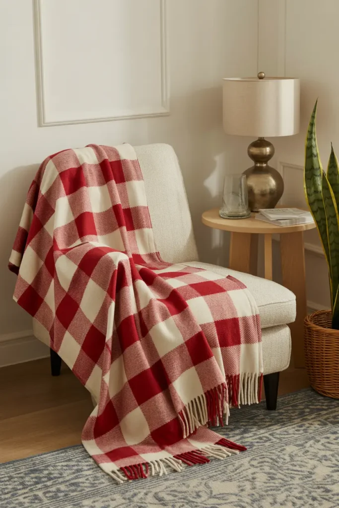 A cozy plaid throw blanket draped over a chair or bed.