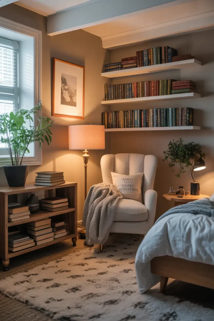 A cozy reading nook in a basement bedroom with a comfy chair, lamp, and books.
