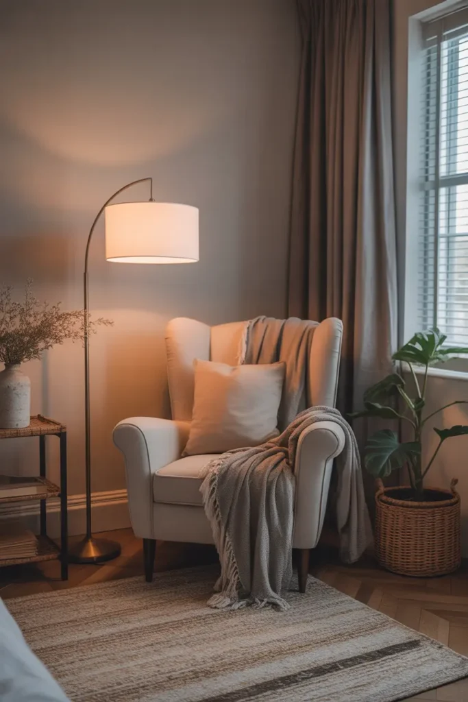 A cozy reading nook with a comfortable armchair, soft throw blanket, and a floor lamp in a master bedroom corner.