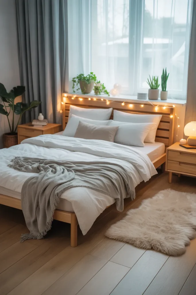  Fresh bedroom with pale blue layered bedding, white walls, sand-colored throw, light oak nightstands, sheer curtains, soft natural daylight, woven rug, airy open layout, gentle coastal palette, relaxed modern style, eye-level perspective from the foot of the bed, balanced pillows, crisp summer textures.