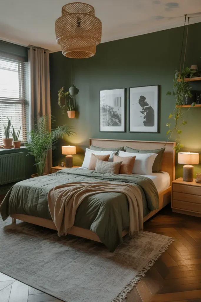 A dark green bedroom filled with plants and natural textures creates a romantic, calming environment for couples.